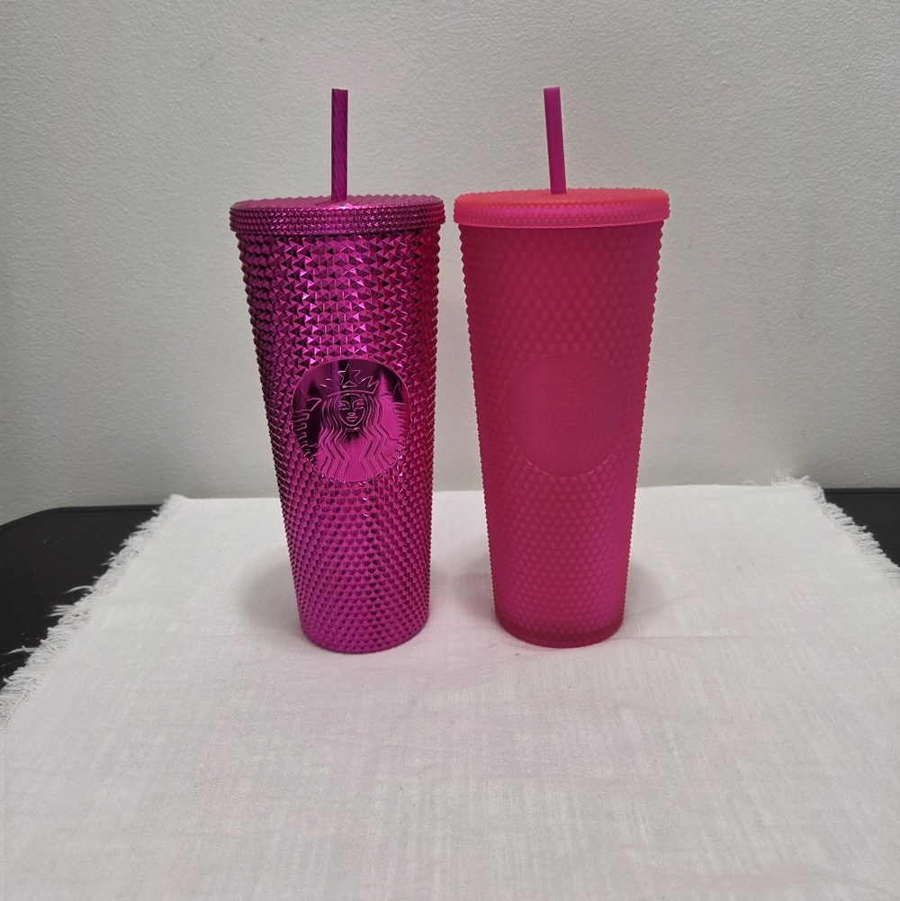 2 Starbucks Vibrant Pink & Sangria Chrome Studded 24Oz Tumbler W Lid And Straw